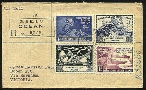 GILBERT & ELLICE IS 1949 UPU set on small registered FDC to Australia......99469