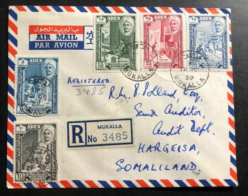 1959 Mukalla Aden Airmail Registered Cover to Hargeisa Somalia