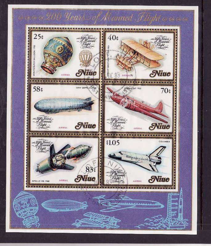 Niue-Sc#394a- id5-used sheet-Manned Flight-Planes-Balloons-1983-