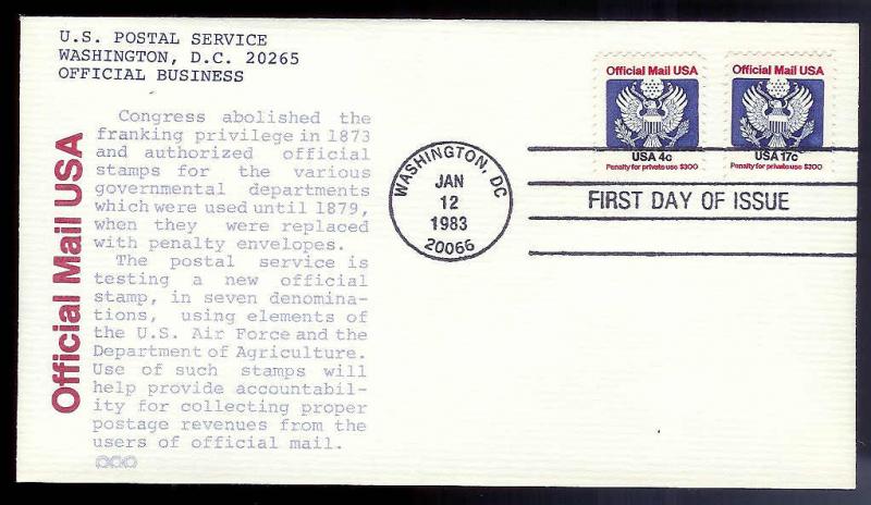 UNITED STATES FDC 17¢ & 4¢ Combo Officials 1983 cacheted