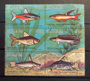 Brazil 1976 Scott 1465a block of 6 MNH -  Freshwater Fish