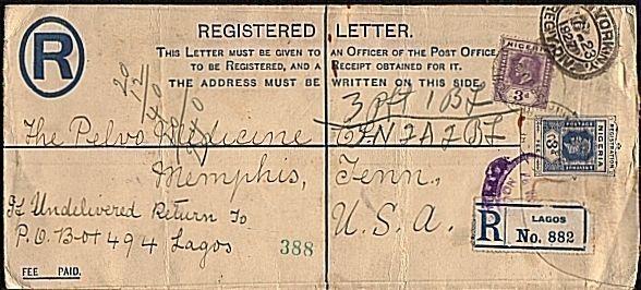 NIGERIA 1929 uprated 3d registered envelope Lagos to USA............18279