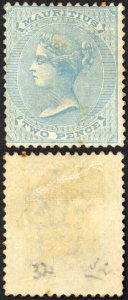 Mauritius SG59 2d Pale Blue CC M/M (Toned) Cat 75 pounds