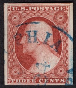 US #10a Extra Fine, Used. Black grid & red town cancel.