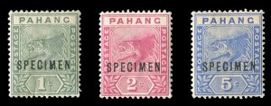 Malayan States - Pahang #11-13S Cat$95, 1892-95 Tiger, set of three, overprin...