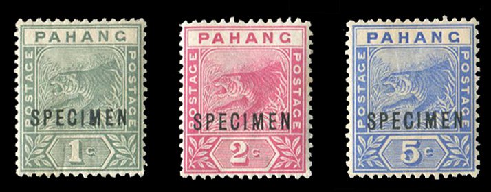 Malayan States - Pahang #11-13S Cat$95, 1892-95 Tiger, set of three, overprin...