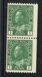 Canada Sc 131 1915 1c dark green G V Admiral coil stamp pair mint NH