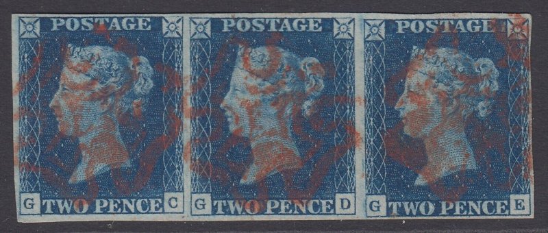 SG 4 1840 2d deep full blue plate 2 strip of 3 lettered GC-GE. Very fine used...
