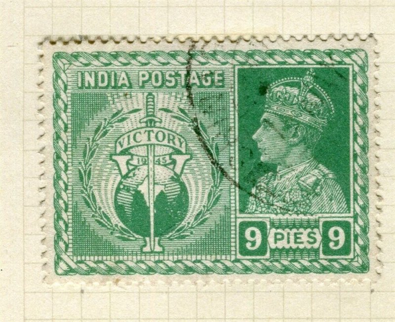 INDIA; 1946 early GVI Victory issue fine used 9p. value