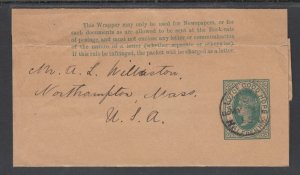 Cape of Good Hope H&G E5 used 1895 ½p QV Wrapper, WELLINGTON-MASSACHUSETTS