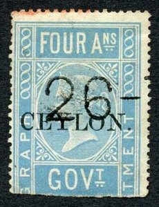 Ceylon Telegraph SGT2 4a India opt Ceylon with a Date cancel Cat 48