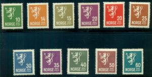 NORWAY #115/128 Lion Issue, Short set of 11 values, all fresh NH, Scott $225.00