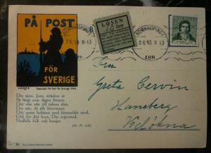 1943 Norrkoping Sweden Field post Postcard cover To Vidökna Postage Due