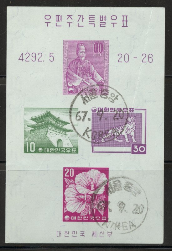 Korea Scott 291B Used NH (CTO) - 1959 3rd Postal Week Souvenir Sheet - SCV $9.25