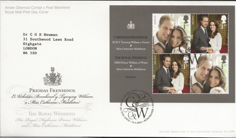 21/4/2011 ROYAL WEDDING MINIATURE SHEET FDC-TALLENTS HOUSE PMK