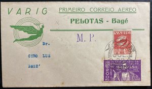 1932 Pelotas Brazil Airmail First Flight cover FFC to Bage Varig Airways