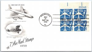 US FIRST DAY COVER PLATE BLOCK OF (4) 7c AIRMAIL JETS ON ART CRAFT CACHET 1958
