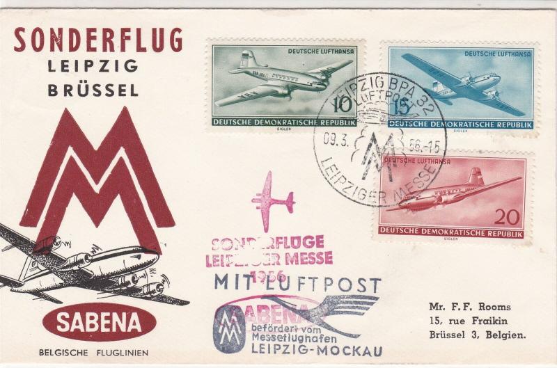 DDR 1956 Special Flight Leipzig-Brussels Sabena Slogan Stamps Cover Ref 26595