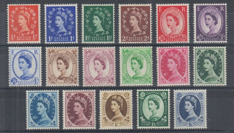 Great Britain Sc 292-308 MLH. 1952-1954 QEII Wildings, complete set, F-VF