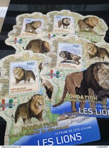 Lx235 Imperf Gold 2014 Ivory Coast Lions Wild Cats #1599-2 Uv Cardboard 4Bl Mnh