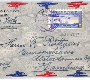 VENEZUELA Air Mail 1.95b Blue 1937 Cover Maracaibo-USA-Hamburg {samwells}YV98