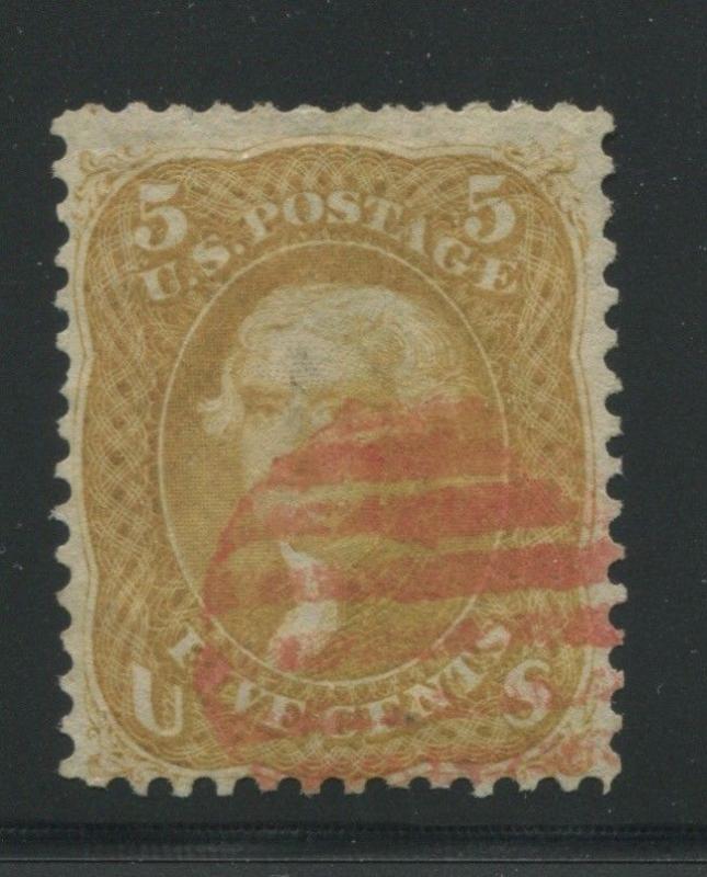 1861 US Stamp #67 5c Used F/VF Red Grid Cancel Catalogue Value $875 Cert sm flts