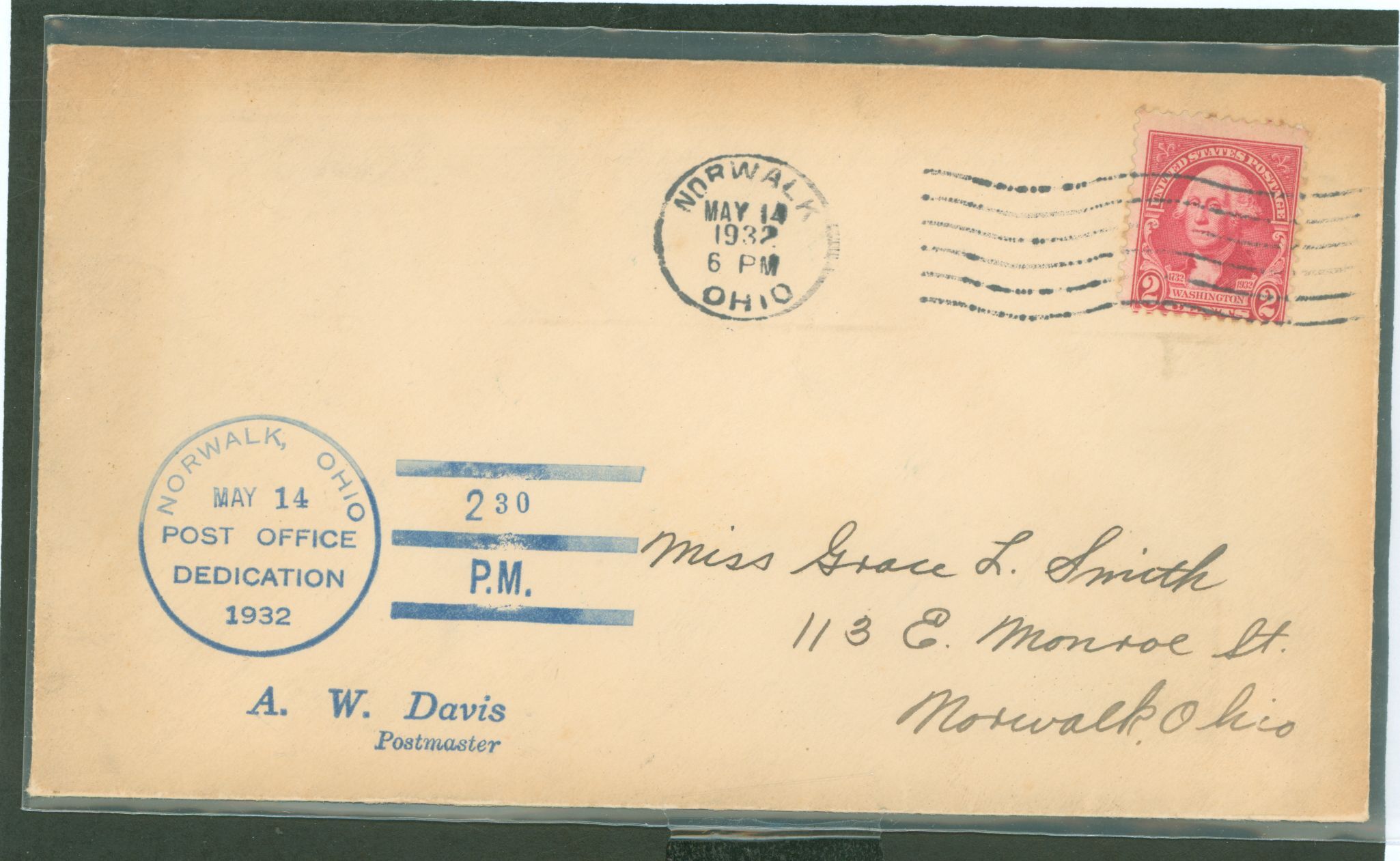 US 707 Post office decication Norwalk OH May 14, 1932 addressed climate