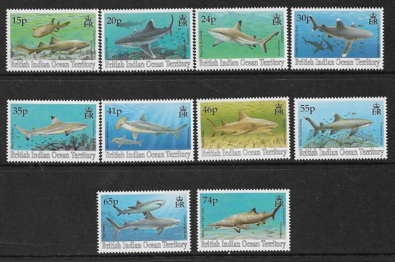 BRITISH INDIAN OCEAN TERRITORY  151-160  MNH SHARKS, SHORT SET