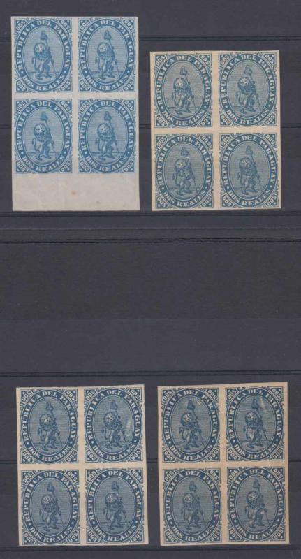 PARAGUAY 1870 LION Sc 2 FOUR MARGINAL OR REGULAR BLOCKS OF FOUR LANGE REPRINTS 