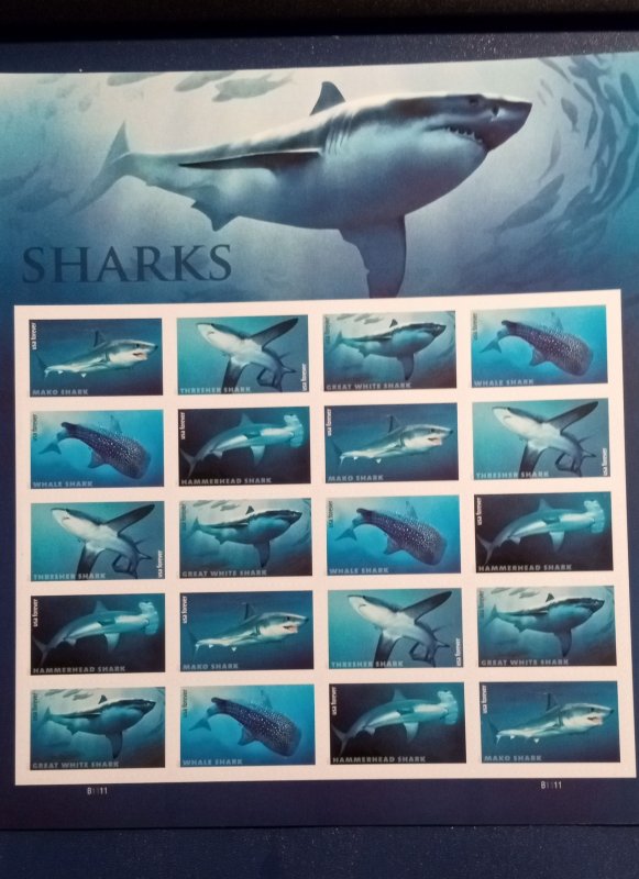 US# 5223-27, Sharks, Sheet of 20-4 ever stamps, MNH (2017)