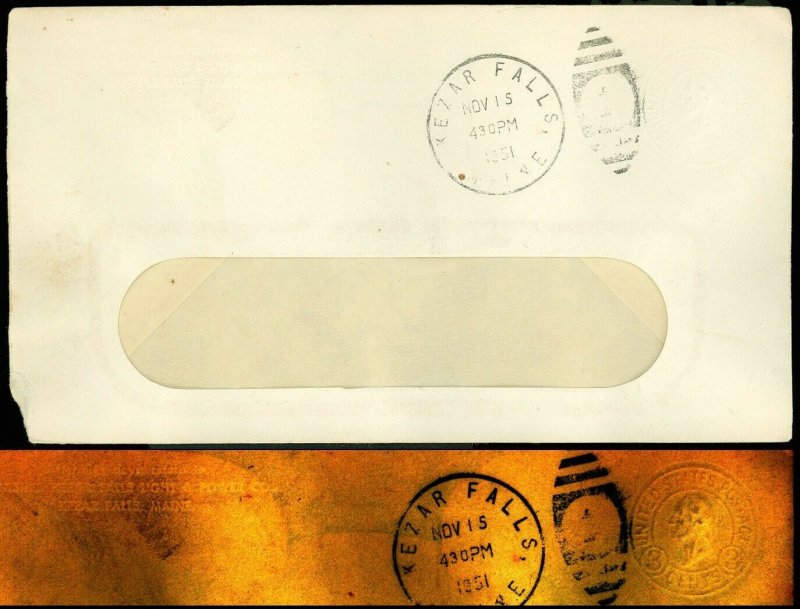 11/15/51 KEZAR FALLS MAINE Cds on 3¢ Albino #U93 Style POSTAL STAMPED ENVELOPE!