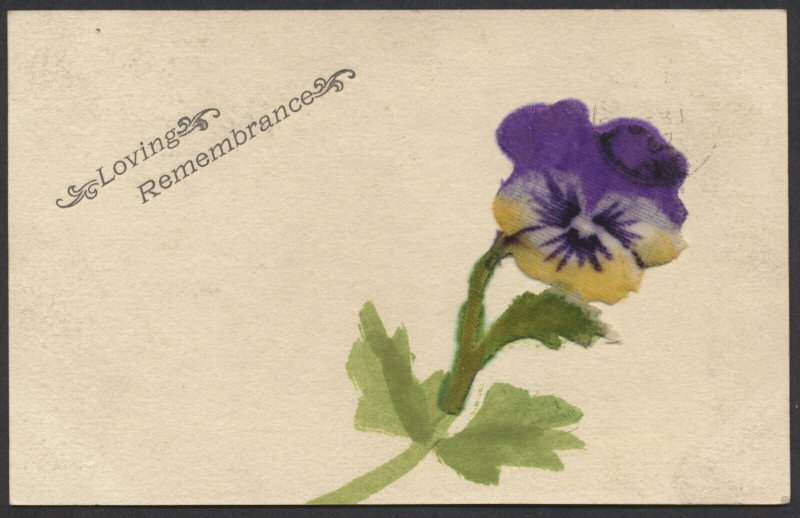 1907 Greeting Card Velvet Flower Campbellcroft ONT to Frazerville Split Rings