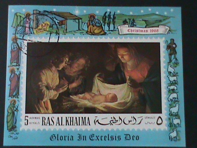 ​RAS AL KHAIMA-1968-CHRISTMAS  PAINTING-VIRGIN & CHILD-IMPERF CTO- S/S VF