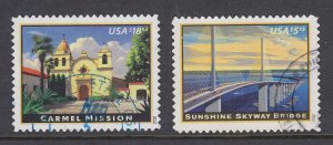 US Sc 4649-4650 used. 2012 $5.15 Sunshine Bridge & $18.95 Carmel Mission, VF