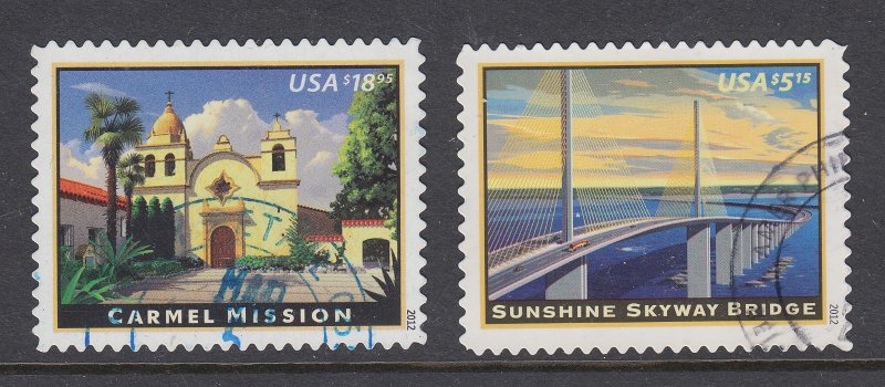 US Sc 4649-4650 used. 2012 $5.15 Sunshine Bridge & $18.95 Carmel Mission, VF