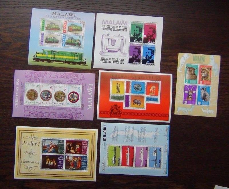 Malawi 7 x M/S MNH 1974 1977 Handicrafts Trains Animals Telephone Ships Xmas etc