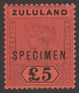 ZULULAND 1894 QV Tablet £5 purple & black on red, SPECIMEN. normal cat £5500.