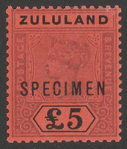 ZULULAND 1894 QV Tablet £5 purple & black on red, SPECIMEN. normal cat £5500.