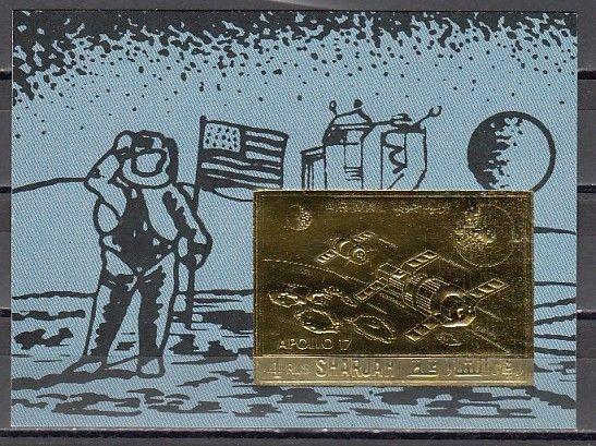 Sharjah, Mi cat. 1060, BL134. Apollo 17, Gold Foil, Space s/sheet.