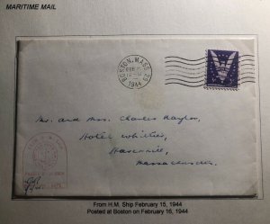 1944 HM Ship British Royal Navy To Boston Ma USA Censored Cover