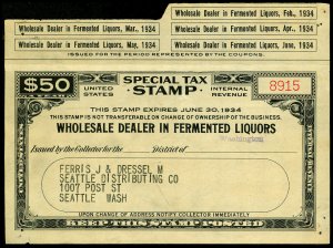 U.S. REV. STAX -WHOL. DEAL. FER. LIQ. FYE 1934  Used (ID # 61956)- L