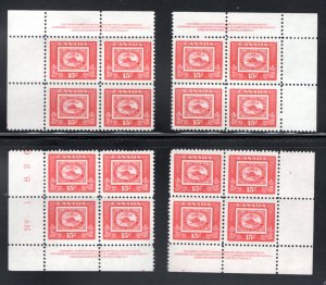 314 Canada, 15c, Three Penny Beaver, Matched Plate Block Set, PB1, MNH, VF