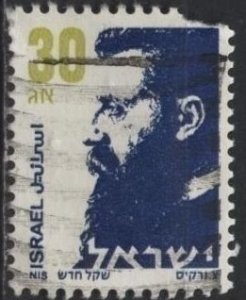 Israel 928 (used filler, torn corner) 30a Theodor Herzl, lemon & ultra (1986)