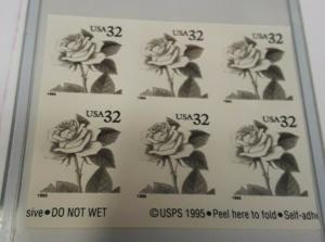 USA Mint No Gum 32c Pink Rose Error block of 6