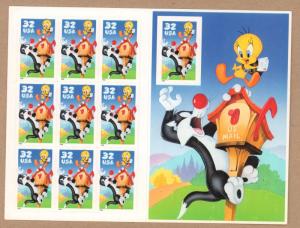 3204   Sylvester and Tweety   Regular Sheet of 10 32 c  FV $3.20  1998