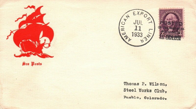 1933 American Export Lines Ship Cover - SS Excaliber - Red Cachet - L35663