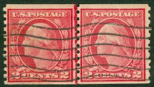 EDW1949SELL : USA 1915 Sc #455 Coil Line pair Used Light cancel Scarce Cat $175.