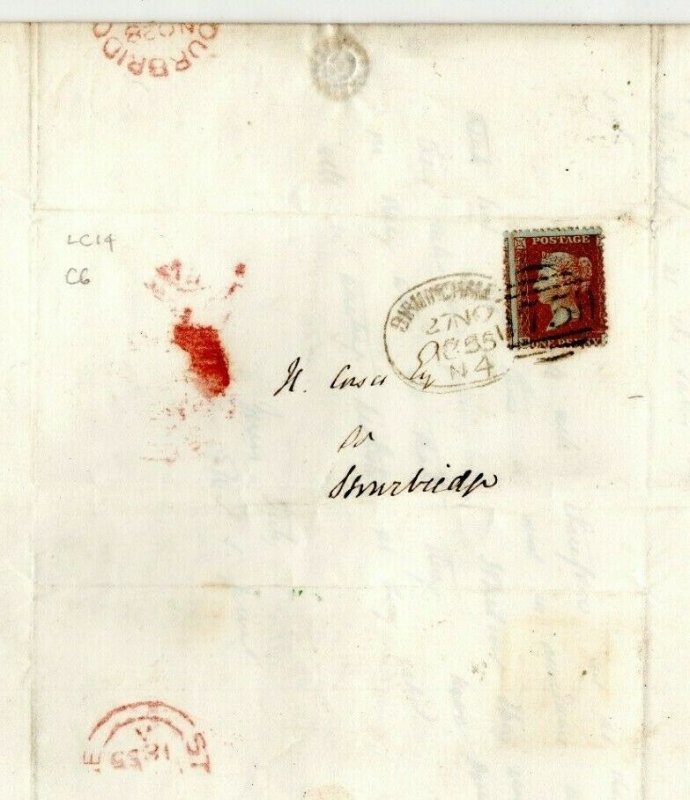 GB Cover Birmingham Spoon EL 1d Red C6 LC14 Stourbridge 1855{samwells}EP238