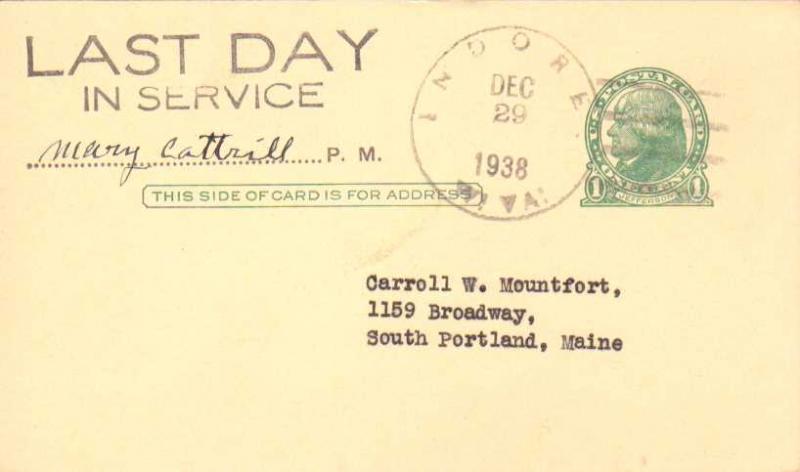 United States West Virginia Indore 1938 4c-bar  1915-1938  Postal Card  Phila...