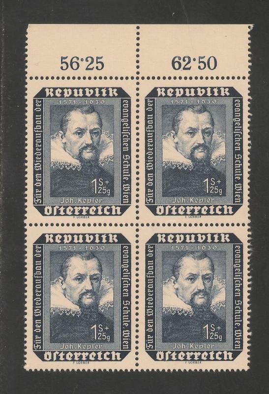 Austria #B282 VF MNH BLOCK - 1953 1sh+25g Johannes Kepler 